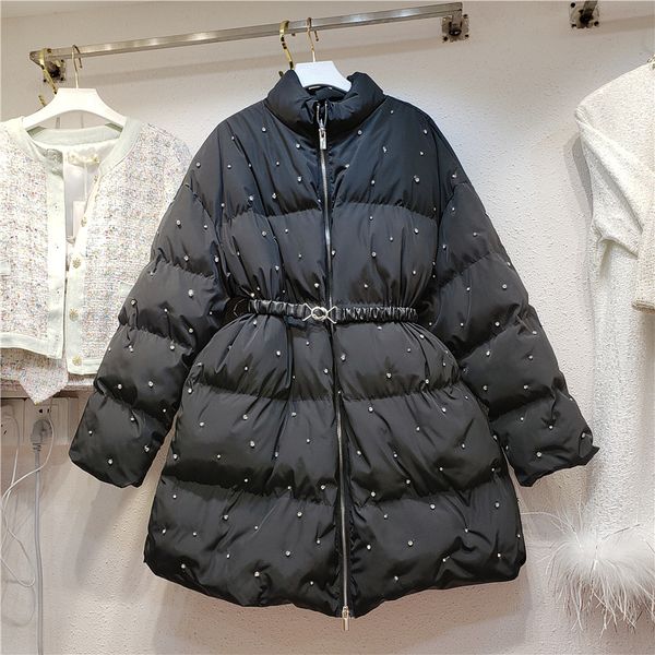 

2021 winter new curly-waisted strass cotton-padded women's clothing mid-length length parka lady coats slci, Black