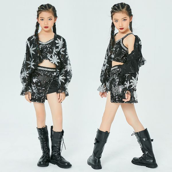 

2021 children jazz dance costume sequined black coat skirts fashion hip hop girls modern dance cothes jazz stage costume, Black;red