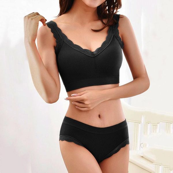 

yoga outfit women's lingerie brief sets plain color wireless lace bra set underwire detachable padded underwear women ropa interior
