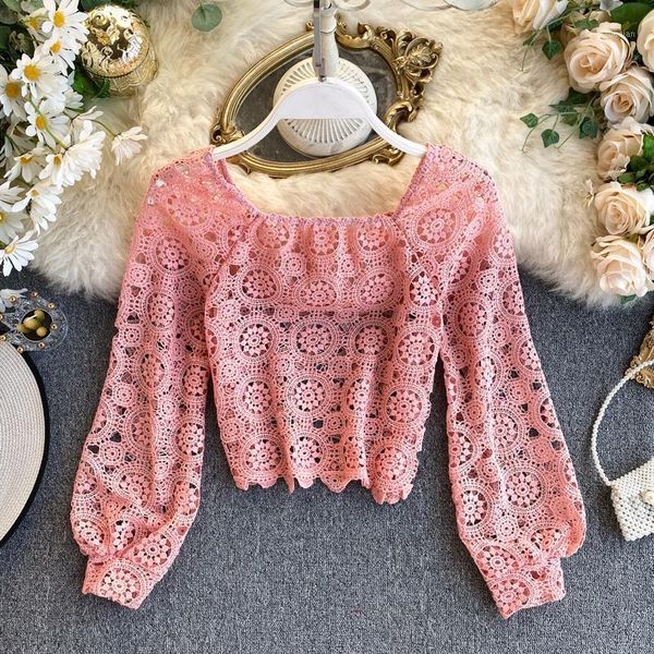 

women's blouses & shirts 2021 spring korea fashion women vintage sweet short square collar puff sleeve lace blouse and blusas mujer de, White
