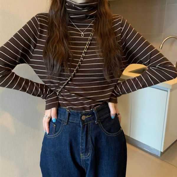 

women new korean style striped basic t-shirt female autumn winter turtleneck long sleeve slim knitted t shirt woman casual top, White