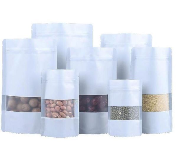 9 Misura Bianco Stand up sacchetto in alluminio con finestra smerigliata sacchetto di plastica con cerniera richiudibile Borsa per imballaggio per alimenti