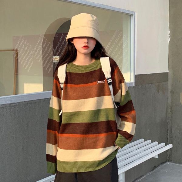 

women's sweaters autumn college style loose retro embroidery stripe contrast knit sweater round neck pullover all-match fashion top, White;black