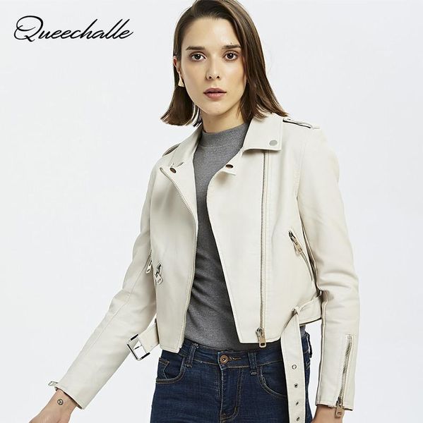 

queechalle autumn women's jackets motorcycle biker faux pu leather jacket women short slim outerwear coat female jacket white, Black