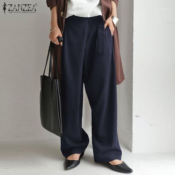 

plus size womens autumn wide leg trousers zanzea 2021 stylish solid pants belted straight female casual button turnip 7, Black;white