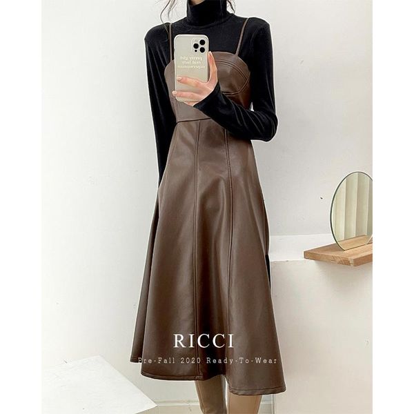 

casual dresses coffee color inner suspender dress 2021 spring graceful and fashionable elegant women's slim fit retro leather trend, Black;gray