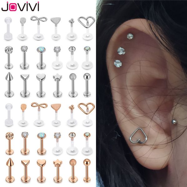 

jovivi 18 pcs stainless steel acrylic labret monroe helix ring ear stud lip studs body piercing jewellery 16ga, Silver