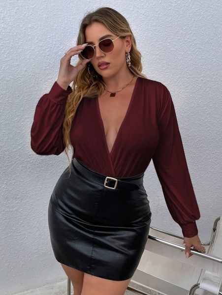 

plus solid wrap deep v neck bodysuit g2vq#, Black