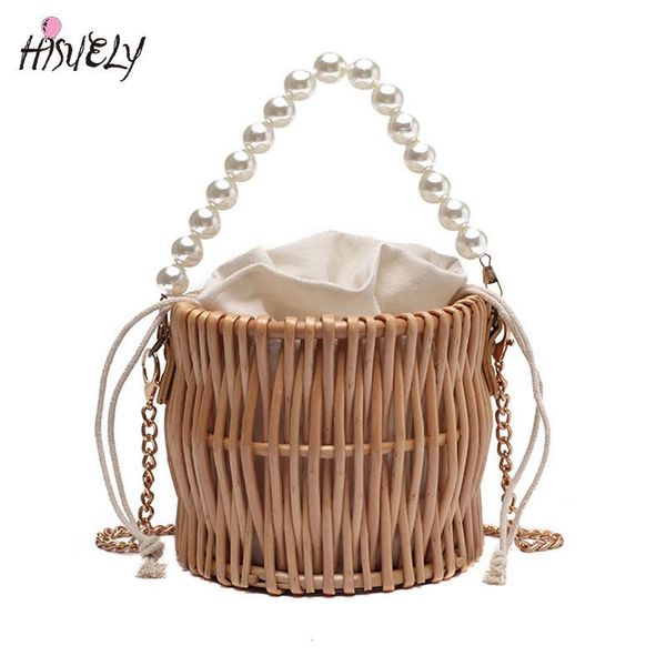 

evening bags 2021 fashion beading chain summer small straw shoulder for women rattan weave travel beach bucket bag crossbody handbag