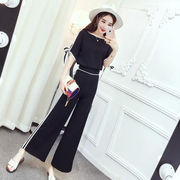 

women's tracksuits set female 2021 summer fashion temperament short-sleeved clothes + high waist wide leg pants elegant two-piece strip, Gray