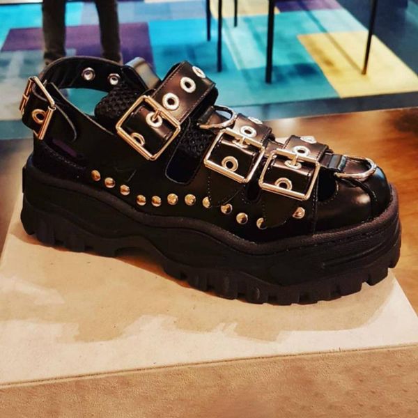 

goth platform sandals pu women casual rivet thick sole shoes harajuku chic outdoor comfort sandal shoe korea japan trendy, Black