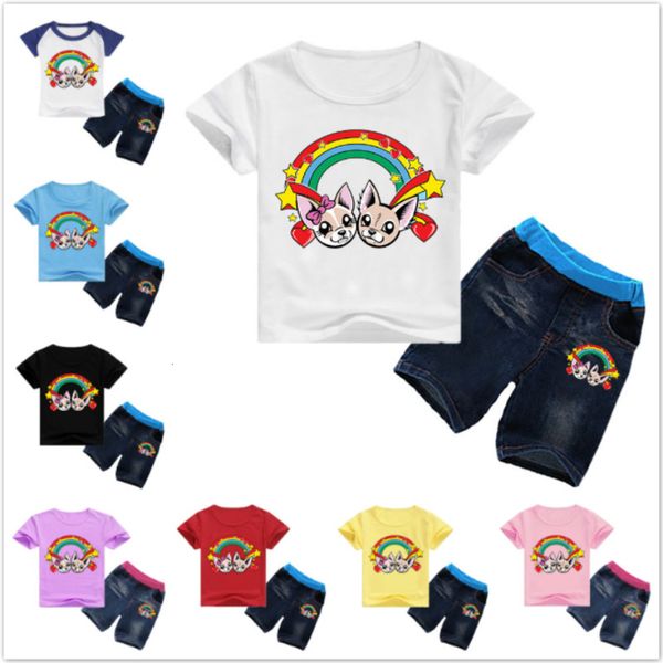 

summer children clothing baby boy cartoon me contro te print short sleeve t-shirt+pants 2pcs suits girl jeans denim kids set, White