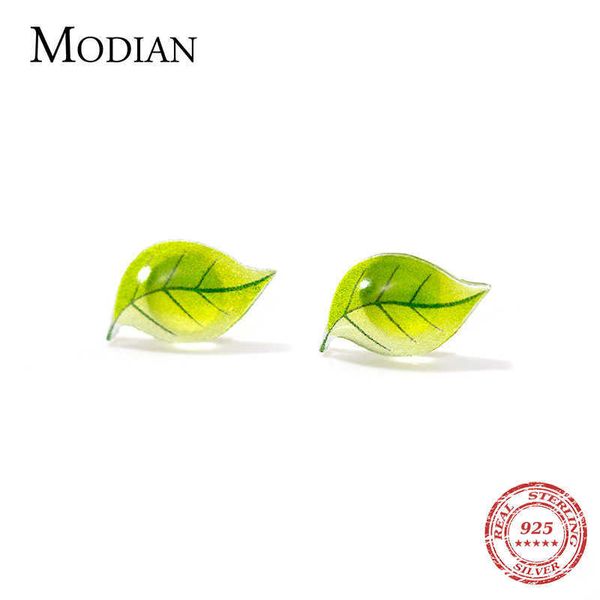 

summer fresh green leaves tree leaf stud earrings for women girl jewelry 925 sterling silver fashion korean 210707, Golden;silver