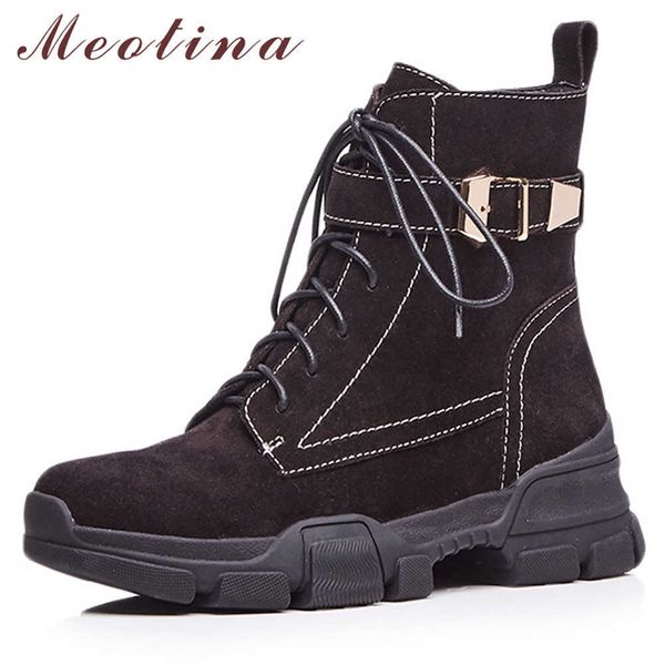 

meotina women motorcycle boots cow suede buckle flat platform ankle boots genuine leather zipper short shoes female size 34-39 210608, Black