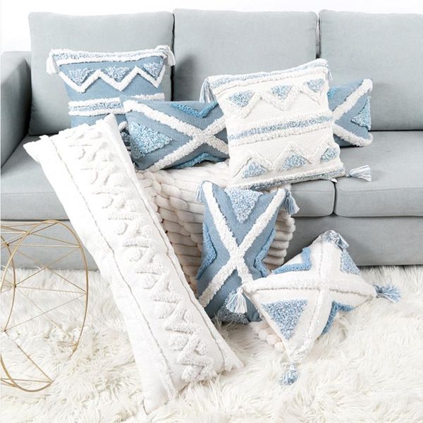 Cuscino/cuscino decorativo bohémien macramè trapuntato con nappe copriletto lungo copriletto decorativo tribale con frange testurizzate blu beige/D