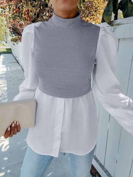 

2 in 1 colorblock bishop sleeve blouse 81yz#, White