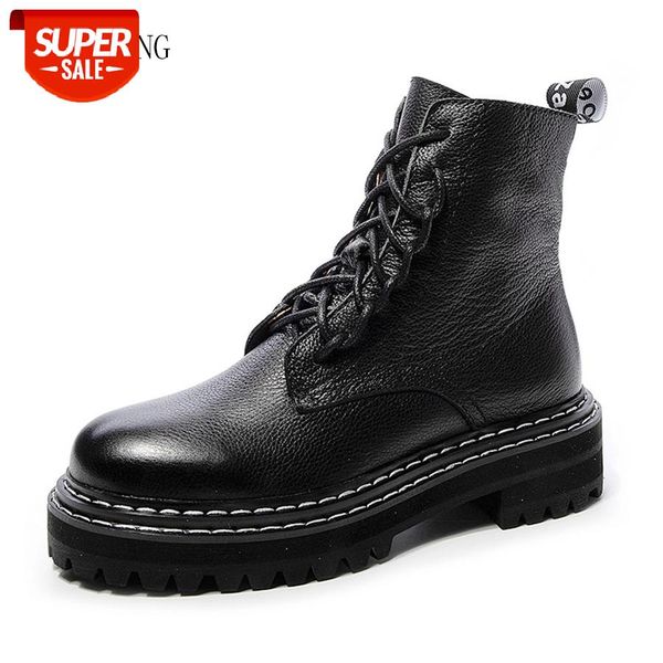 

british style flat platform boots women's autumn and winter new fashion round toe lace-up leather boots ladies shoes #7d18, Black