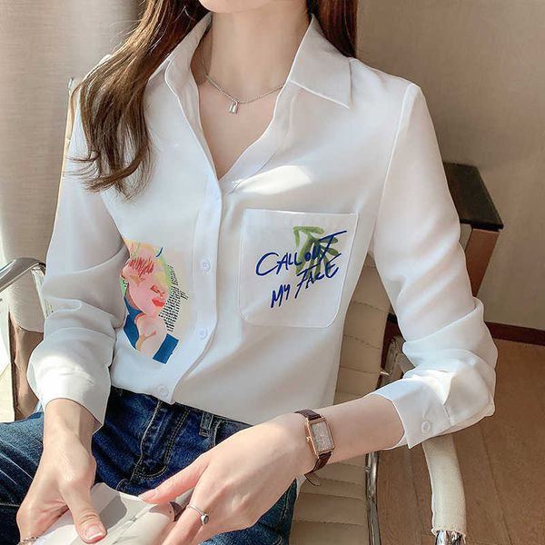 

women white ol chiffon shirts blouses print pockets blouse button neck long sleeve chic office wear woman blusa spring 210604