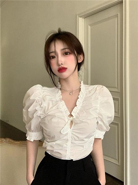 

women's blouses & shirts summer style v-neck short-sleeved shirt with wooden ears solid color slim puff sleeve all-match blouse female, White