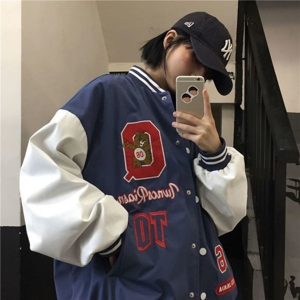 

vintage bear letters baseball et coat women oversized 2021 spring new harajuku korean style loose outerwear cool girls ins, Black;brown