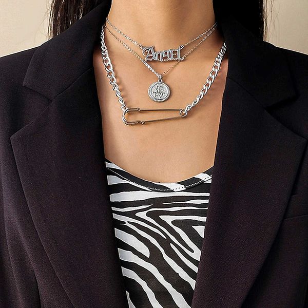 

simple multi-layer tassel pin female letter tag round necklace set, Silver