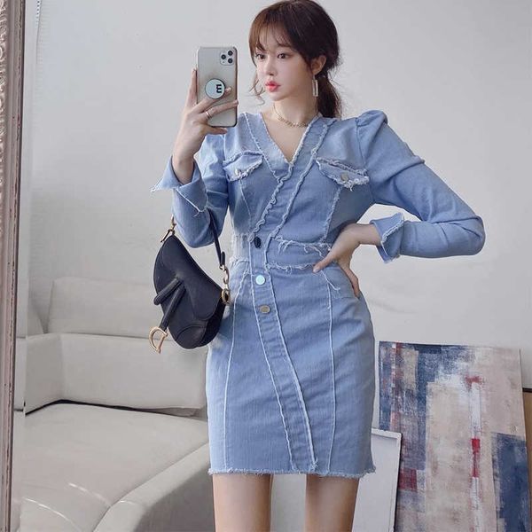 

autumn women office ol work dresses lady denim dress long sleeve casual party short mini bodycon pencil dress vestidos 210529, Black;gray