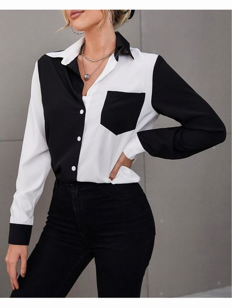 

colorblock patch pocket blouse 55dk#, White