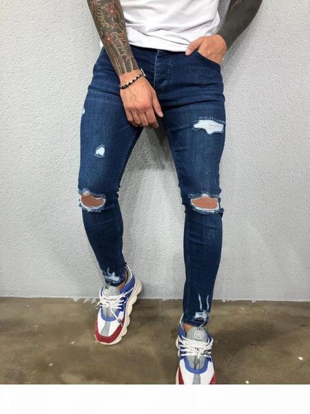 

mens destroyed skinny jeans cool designer stretch ripped denim trousers for men casual slim fit hip hop pencil pants with holes, Blue