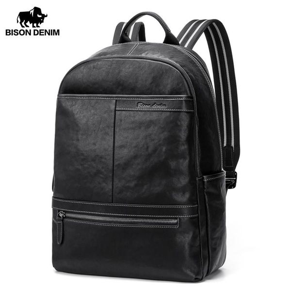 

backpack bison denim black casual genuine leather men 15 inches lapbag male travel schoolbag for teenager women