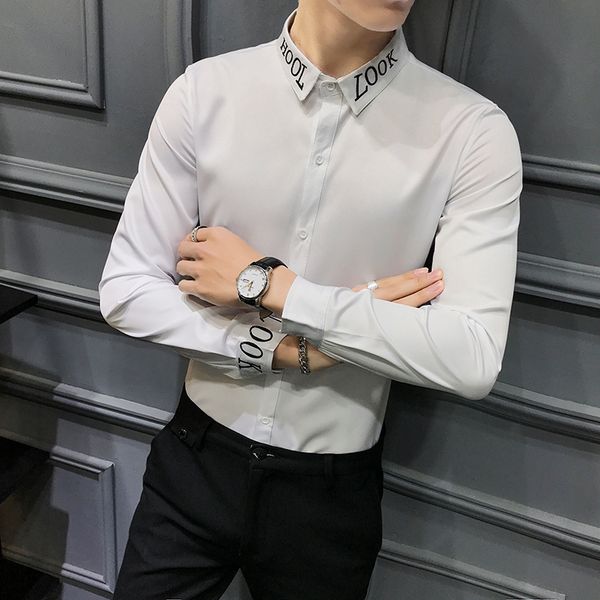 

new preto/branco mais tamanho carta bordado camisas para roupas masculinas 2021 simples streetwear magro ajuste casual clube manga longa qwx, Black;brown