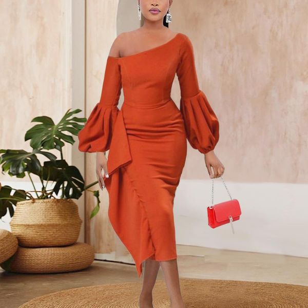 

casual dresses women elegant dress long lantern sleeve half shoulder solid patchwork slim midi summer fall office lady clothing party, Black;gray