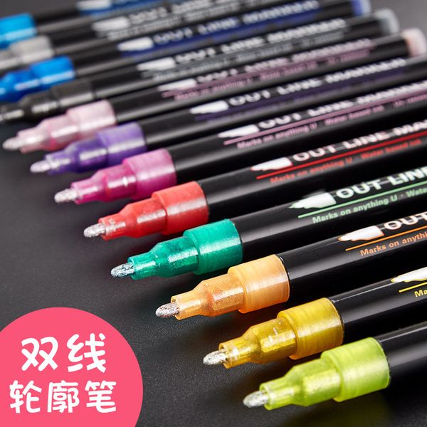 

painting pens sanjie out out metal special 12 color double line pen, Black;red