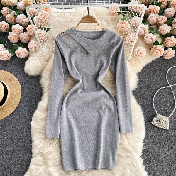 

casual dresses pinkou women chic cut out knitted mini dress basic black grey long sleeve sheath autumn spring mujer qa61, Black;gray