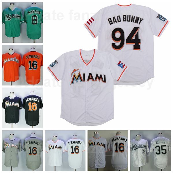 

vintage baseball retro 16 jose fernandez jersey men 94 bad bunny 8 andre dawson 35 dontrelle willis all stitching orange white black grey gr, Blue;black