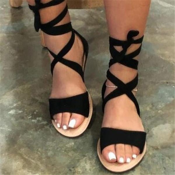 

sandals louluen women's fashion hollow roman strap large size rope flat solid open toe ankle thong, Black