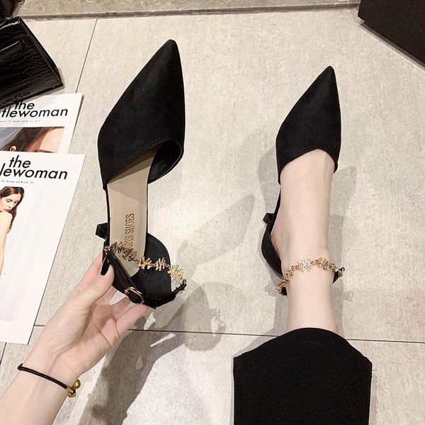 

dress shoes 2021 buckle lace-up hollow summer mid-heel pointed high heels temperament fashion casual professional, Black