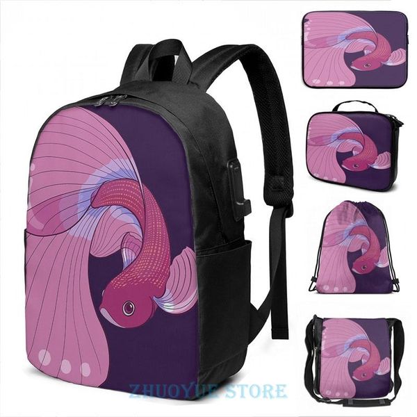 

backpack graphic print purple gold and blue betta fighting fish usb charge men school bags women cosmetic bag travel laptop