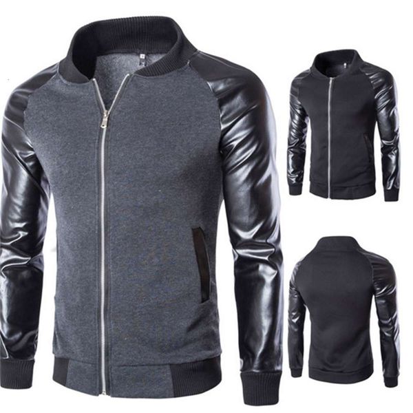 

small vertical collar men's baseball korean fashion leather sleeve splicing zipper casual jacket j05winter, Black
