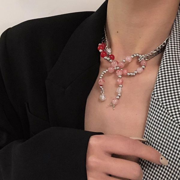 

chokers european and american luxury retro pink gradient three-dimensional bow chain choker personality double neck, Golden;silver