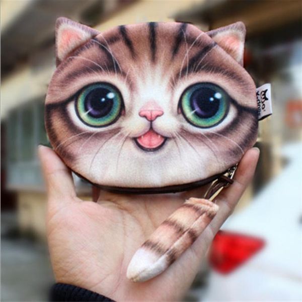 

coin purses 3d cat purse cute cartoon wallet zipper plush animal bag stuffed tail mini gift, Red;black
