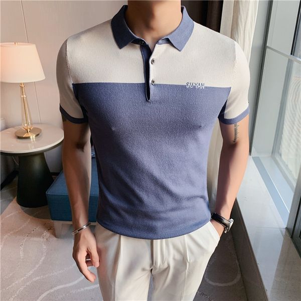 

new mode short sleeve men's knitted shirt clothes 2021 simple snippets thin elastic fit polo homme 8yle, White;black