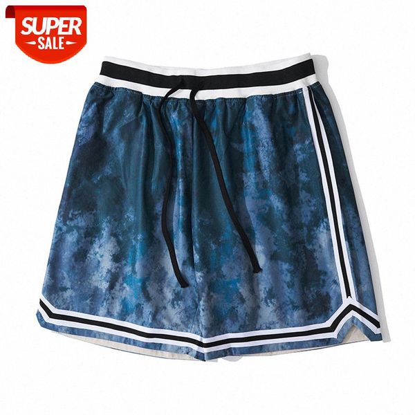 

striped stitching tie-dye casual shorts men's harajuku style sports pants loose straight five-point #ma6w, Black