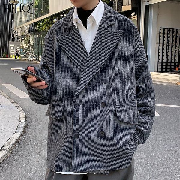 

men's trench coats pfhq 2021 fashion loose solid color notched long sleeve striped woolen short coat autumn winter 21e1168, Tan;black