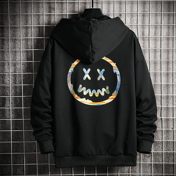 

2021 new japo estilo casual o pescoo sorriso rosto impresso moletom com capuz masculino hip hop alta streetwear roupas hk78, Black