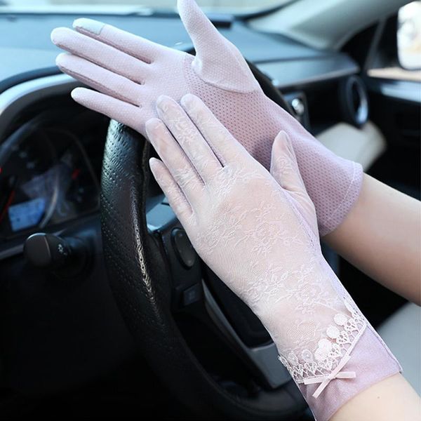 

five fingers gloves summer women sun protection breathable fashion silk lacework driving of thin touch screen lady non-slip, Blue;gray