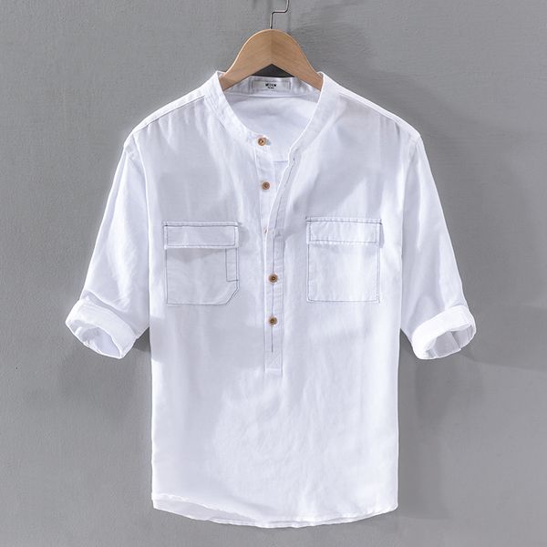 

2021 new summer cotton and linen half-sleeved stand collar white casual fashion solid shirts for men pocket shirt mens 4gzb, White;black