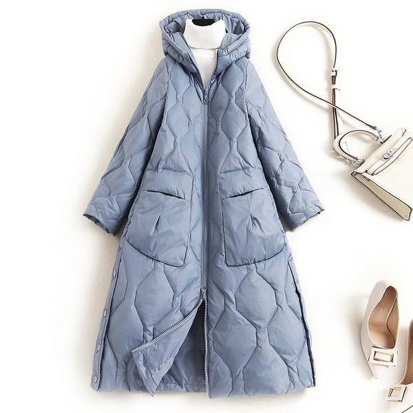 

blue hood long winter jacket and coat for women 90% white duck down zipper casacos longos abrigos largos mujer, Black