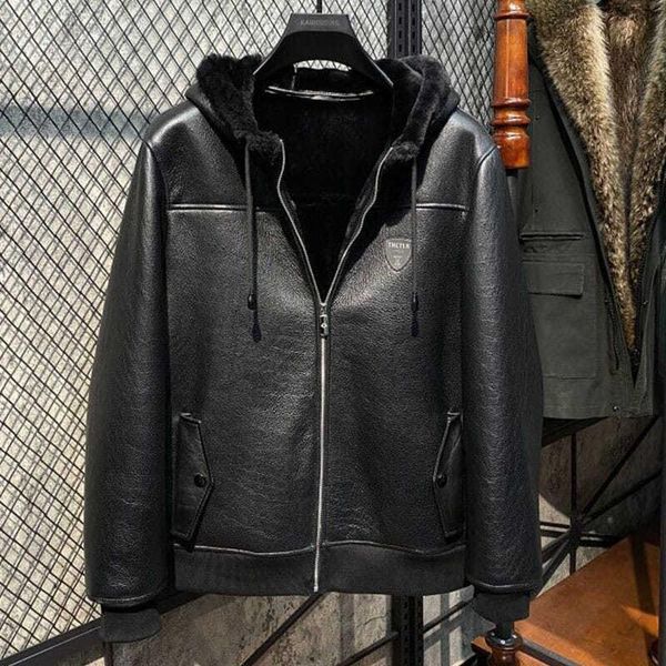 

men's leather & faux original ecological sheepskin wool integrated men's jacket short hooded winter thickened pre-sale, Black