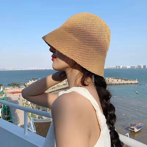 

wide brim hats linen bucket hat women summer thin hollow fisherman breathable cap korean version wild sunhat fashion travel basin 2021, Blue;gray