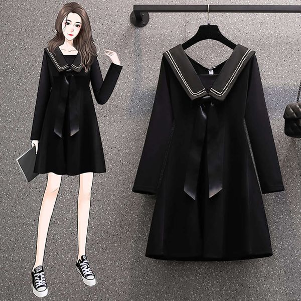 

new large women's in spring of 2021 fat sister french hepburn dress with waist closed and belly covered, Black;gray